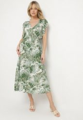 Zielona Rozkloszowana Sukienka we Florystyczny Print z Bawełny Lanioreta. Zielone sukienki Born2be, l, bez wzorów, z bawełny, bez kołnierzyka, bez ramiączek, midi, rozkloszowane. Za 49.99 zł.