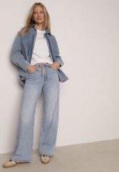 Niebieskie Szerokie Jeansy z Bawełną Wysokim Stanem i Paskiem Typu Sznurek Nevinias. Niebieskie jeansy Born2be, l, bez wzorów, z podwyższonym stanem. Za 119.99 zł.