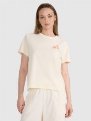 4F T-shirt oversize z nadrukiem damski - beżowy L. Brązowe t-shirty 4f, l, bez wzorów, z bawełny, bez kołnierzyka, bez ramiączek. W wyprzedaży za 39.99 zł.