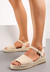 Beżowe Sandały z Plecioną Podeszwą i Zapięciem Wokół Kostki Lornia. Brązowe espadryle Renee, bez wzorów, eleganckie, bez obcasa, na płaskiej podeszwie, bez zapięcia. Za 99.99 zł.