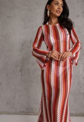 Bordowa Sukienka Dopasowana w Stylu Boho z Plecionego Materiału w Paski Nasehle. Czerwone sukienki Renee, na plażę, bez wzorów, z materiału, boho, bez kołnierzyka, bez ramiączek, maxi, dopasowane. Za 149.99 zł.