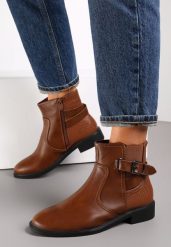 Brązowe Botki z Paskami i Sprzączkami Ninnie. Brązowe botki Renee, bez wzorów, z jeansu, bez obcasa, na obcasie, bez zapięcia. Za 119.99 zł.