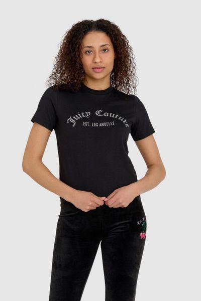 JUICY COUTURE Czarny t-shirt damski z diamentowym logo, Rozmiar L. Czarne t-shirty Juicy Couture, l, bez wzorów, bez kołnierzyka, bez ramiączek. W wyprzedaży za 195.99 zł.