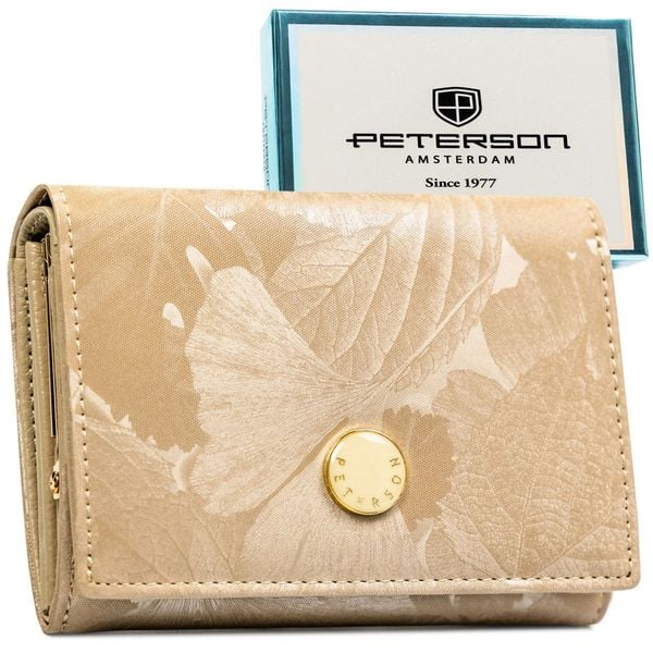 Beżowy portfel damski ze skóry naturalnej i ekologicznej z systemem RFID Peterson PTN PS445-MLF. Brązowe portfele Peterson, z aplikacjami, ze skóry. Za 86.99 zł.