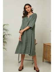 Joséfine Lniana sukienka "Granael" w kolorze oliwkowym rozmiar: XL. Brązowe sukienki Joséfine, na co dzień, xl, bez wzorów, ze lnu, bez kołnierzyka, bez ramiączek, midi, proste. Za 195.99 zł.