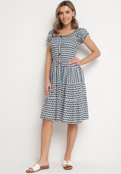 Niebieska Sukienka z Bawełny Ozdobiona Guzikami i Bufiastymi Rękawami Ronaria. Niebieskie sukienki Born2be, na co dzień, na lato, l, bez wzorów, z bawełny, klasyczne, bez kołnierzyka, bez ramiączek, midi, sportowe. Za 39.99 zł.