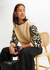 Sweter w cętki leoparda. Szare swetry bonprix, bez wzorów, bez ramiączek. Za 132.99 zł.