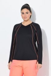 Damskie Koszula funkcyjna LSF 50+ slim dekolt w szpic długie rękawy. Czarne koszule Ulla Popken, plus size, bez wzorów, z elastanu, bez kołnierzyka, plus size, bez ramiączek. Za 239.99 zł.