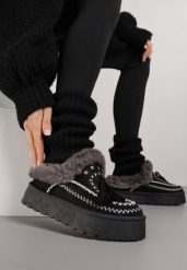 Czarne Śniegowce na Grubej Podeszwie z Haftem i Futerkiem Ezilune. Czarne trapery i śniegowce Born2be, z jeansu. Za 99.99 zł.