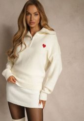 Biały Sweter z Wełną Wiskozą i Bawełną z Sercem Monisella. Białe swetry Renee, m, bez wzorów, z bawełny, bez ramiączek. Za 129.99 zł.