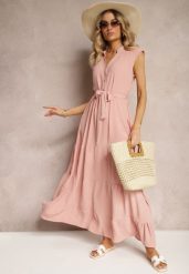 Ciemnoróżowa Sukienka z Paskiem w Talii o Rozkloszowanym Fasonie bez Rękawów Ellasin. Czerwone sukienki Renee, na co dzień, l, bez wzorów, eleganckie, bez kołnierzyka, bez ramiączek, maxi, proste. Za 84.99 zł.