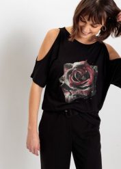 Bluzka z wiskozy z odkrytymi ramionami. Czarne bluzki bonprix, bez wzorów, z wiskozy, eleganckie, bez kołnierzyka, bez ramiączek. Za 67.99 zł.