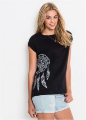 T-shirt z nadrukiem. Czarne t-shirty bonprix, bez wzorów, bez kołnierzyka, bez ramiączek. Za 64.99 zł.