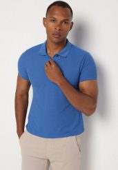 Niebieski T-shirt Polo z Bawełną Fodelira. Niebieskie koszulki polo Born2be, l, bez wzorów, z bawełny, bez kołnierzyka, bez ramiączek. Za 64.99 zł.
