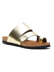 Comfortfusse Skórzane japonki w kolorze złotym rozmiar: 38. Żółte klapki Comfortfüße, bez wzorów, ze skóry, z otwartym noskiem, bez obcasa. Za 217.99 zł.