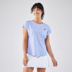 Koszulka tenisowa z okrągłym dekoltem damska Artengo Dry. Fioletowe bluzki KUIKMA, xl, bez wzorów, z elastanu, sportowe, bez kołnierzyka, bez ramiączek. Za 59.99 zł.