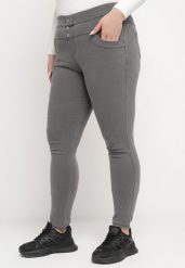 Ciemnoszare Spodnie Jegginsy z Wysokim Stanem i Ozdobnymi Guzikami Gwilania. Szare jeansy Born2be, xl, bez wzorów, z podwyższonym stanem. Za 49.99 zł.
