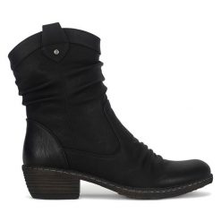 Kowbojki Rieker. Czarne botki Rieker, bez wzorów, bez obcasa, na słupku, bez zapięcia. Za 379.99 zł.