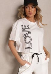 Biały T-shirt z Bawełny o Krótkim Kroju Ozdobiony Napisem Sannovia. Białe t-shirty Renee, m, bez wzorów, z bawełny, bez kołnierzyka, bez ramiączek. Za 39.99 zł.