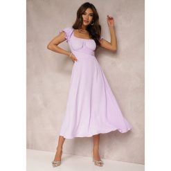 Fioletowa Sukienka o Rozkloszowanym Kroju z Wiązaniem Perolis. Fioletowe sukienki Renee, m, bez wzorów, eleganckie, bez kołnierzyka, bez ramiączek, midi, rozkloszowane. Za 59.99 zł.