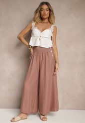 Brązowe Szerokie Spodnie High Waist z Elastycznymi Gumkami w Talii Varbia. Brązowe spodnie materiałowe Renee, na co dzień, l, bez wzorów, z jeansu, z podwyższonym stanem. Za 39.99 zł.