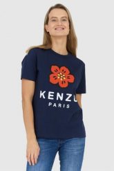 KENZO Granatowy t-shirt damski z czerwonym kwiatem, Rozmiar S. Niebieskie t-shirty Kenzo, s, bez wzorów, bez kołnierzyka, bez ramiączek. W wyprzedaży za 289.99 zł.