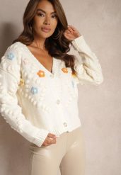 Jasnobeżowy Kardigan z Pomponami i Kwiatkami 3D w Stylu Retro Terilaya. Brązowe kardigany Renee, bez wzorów, z bawełny. Za 59.99 zł.