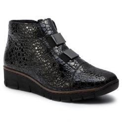 RIEKER 53793-45 Czarny. Czarne botki Rieker, bez wzorów, ze skóry ekologicznej, bez obcasa, bez zapięcia. Za 249.99 zł.