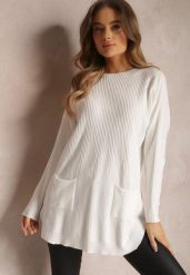 Biały Sweter z Naszytymi Kieszeniami Vezara. Białe swetry Renee, s, bez wzorów, z dzianiny, bez ramiączek. Za 34.99 zł.