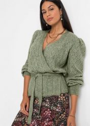 Sweter kopertowy z rękawami bufkami. Zielone swetry bonprix, bez wzorów, bez ramiączek. Za 159.99 zł.