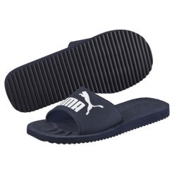 Klapki Puma Purecat unisex. Białe klapki Puma, bez wzorów, z materiału, bez obcasa. W wyprzedaży za 79.00 zł.