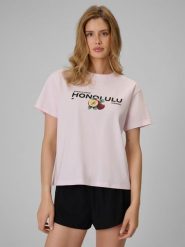4F T-shirt loose z nadrukiem damski - różowy S. Czerwone t-shirty 4f, s, bez wzorów, z bawełny, bez kołnierzyka, bez ramiączek. Za 69.99 zł.