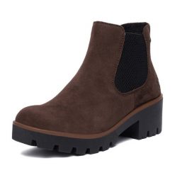 Botki Rieker. Brązowe botki Rieker, bez wzorów, bez obcasa, na słupku, bez zapięcia. Za 399.99 zł.