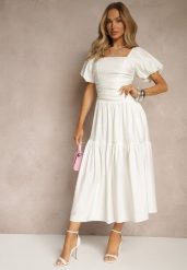 Biała Sukienka Wiskozowa Drapowana z Rozkloszowanym Dołem Naprine. Białe sukienki Renee, na co dzień, l, bez wzorów, z wiskozy, eleganckie, bez kołnierzyka, bez ramiączek, midi, rozkloszowane. Za 109.99 zł.