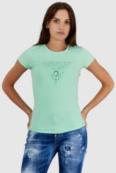 GUESS Zielony t-shirt damski z ażurowym logo, Rozmiar XS. Zielone t-shirty Guess, s, z aplikacjami, bez kołnierzyka, bez ramiączek. W wyprzedaży za 119.99 zł.