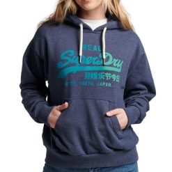Damska bluza z kapturem ton w ton Superdry Vintage Logo. Niebieskie bluzy Superdry, m, bez wzorów, z bawełny, z kapturem. Za 381.10 zł.
