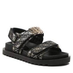 Sandały Guess. Czarne sandały Guess, z aplikacjami, bez obcasa, na płaskiej podeszwie, bez zapięcia. Za 369.99 zł.
