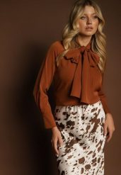 Brązowa Bluzka Vices Ozdobiona Kokardą Overile. Brązowe bluzki Renee, l, bez wzorów, z jeansu, eleganckie, bez kołnierzyka, bez ramiączek. Za 99.99 zł.