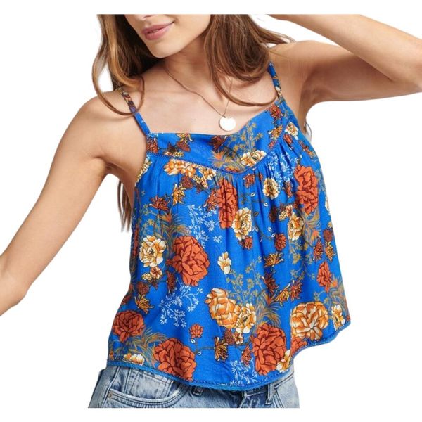 Damska ozdobna kamizelka Superdry Vintage. Niebieskie koszulki sportowe Superdry, bez wzorów, z wiskozy, bez ramiączek. W wyprzedaży za 81.00 zł.