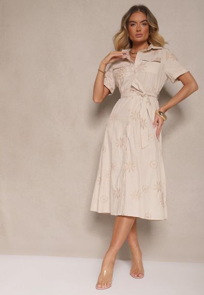 Beżowa Wiskozowa Sukienka Koszulowa Ozdobiona Paskiem i Haftem Divaloria. Brązowe sukienki Renee, do pracy, l, bez wzorów, z wiskozy, biznesowe, bez kołnierzyka, bez ramiączek, midi, koszulowe. Za 139.99 zł.