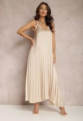 Beżowa Sukienka Ianima. Brązowe sukienki Renee, na imprezę, na lato, bez wzorów, z satyny, eleganckie, bez kołnierzyka, bez ramiączek, maxi, rozkloszowane. Za 64.99 zł.