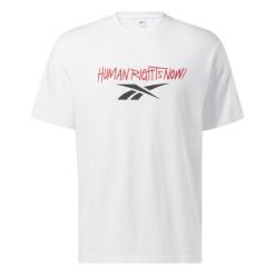 Koszulka Reebok Human Rights Now!. Białe bluzki Reebok, l, bez wzorów, sportowe, bez kołnierzyka, bez ramiączek. W wyprzedaży za 141.15 zł.