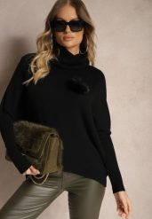 Czarny Golf o Kroju Nietoperza Ozdobiony Odpinaną Aplikacją 3D Melodia. Czarne golfy Renee, s, z aplikacjami, z jeansu, bez ramiączek. Za 84.99 zł.