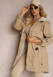 Beżowa Klasyczna Kurtka Parka z Troczkiem w Talii i Kapturem Zepha. Brązowe kurtki Renee, xl, bez wzorów, z jeansu. Za 179.99 zł.