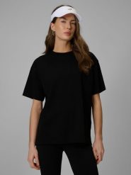 4F T-shirt loose gładki damski - czarny XL. Czarne t-shirty 4f, uniwersalny, bez wzorów, z dzianiny, bez kołnierzyka, bez ramiączek. Za 59.99 zł.