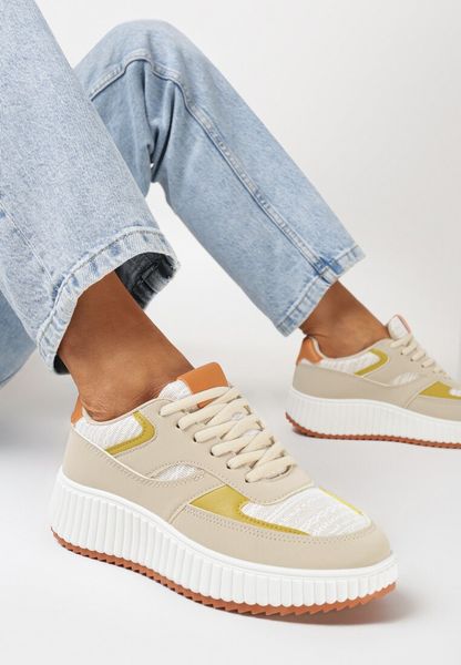 Beżowe Sneakersy na Grubej Podeszwie Ozdobione Brokatem Evllina. Brązowe obuwie sportowe Born2be, bez zapięcia. Za 54.99 zł.