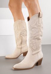 Beżowe Kozaki Typu Kowbojki w Klasycznym Stylu z Imitacji Zamszu Rilamira. Brązowe kozaki Renee, z jeansu, bez obcasa, na obcasie, bez zapięcia. Za 169.99 zł.