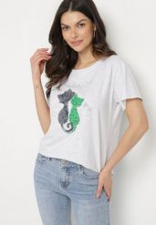 Jasnoszary T-shirt z Bawełny z Ozdobnym Napisem i Nadrukiem Olinella. Szare t-shirty Born2be, l, bez wzorów, z bawełny, bez kołnierzyka, bez ramiączek. Za 34.99 zł.