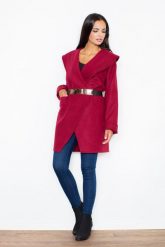 Bordowy Krótki Stylowy Płaszcz z Dużym Kołnierzem bez Zapięcia. Czerwone płaszcze Figl, l, bez wzorów, z materiału, bez kaptura. Za 369.00 zł.