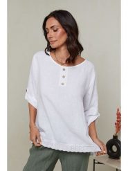 Le Monde du Lin Lniana koszulka w kolorze białym rozmiar: 34/36. Białe bluzki Le Monde du Lin, bez wzorów, z koronki, klasyczne, bez kołnierzyka, bez ramiączek. Za 143.99 zł.